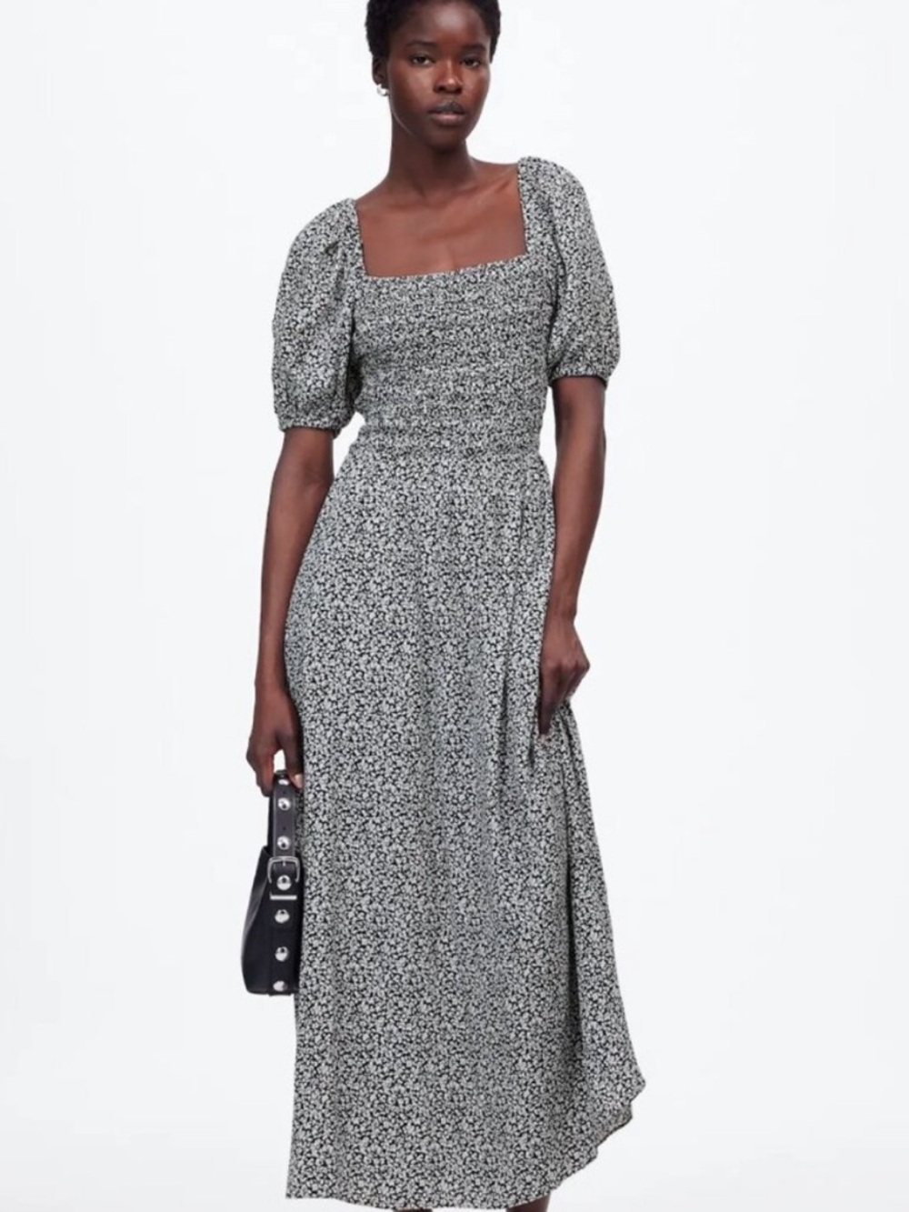 Madewell Floral Puff-Sleeve Maxi Dress in Black and White